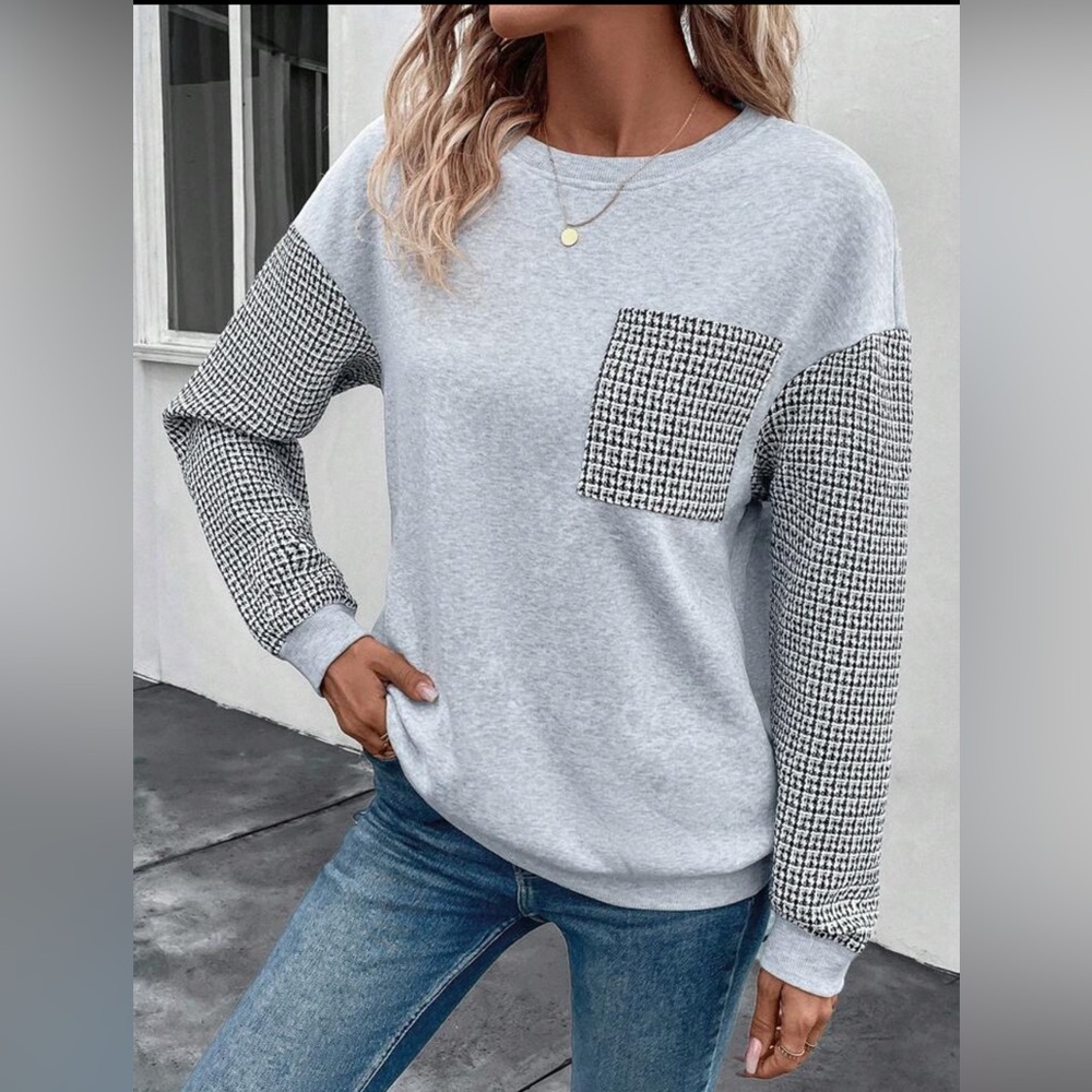 SHEIN- Houndstooth print drop Shoulder Sweatshirt - black / grey - size M - Picture 3 of 12